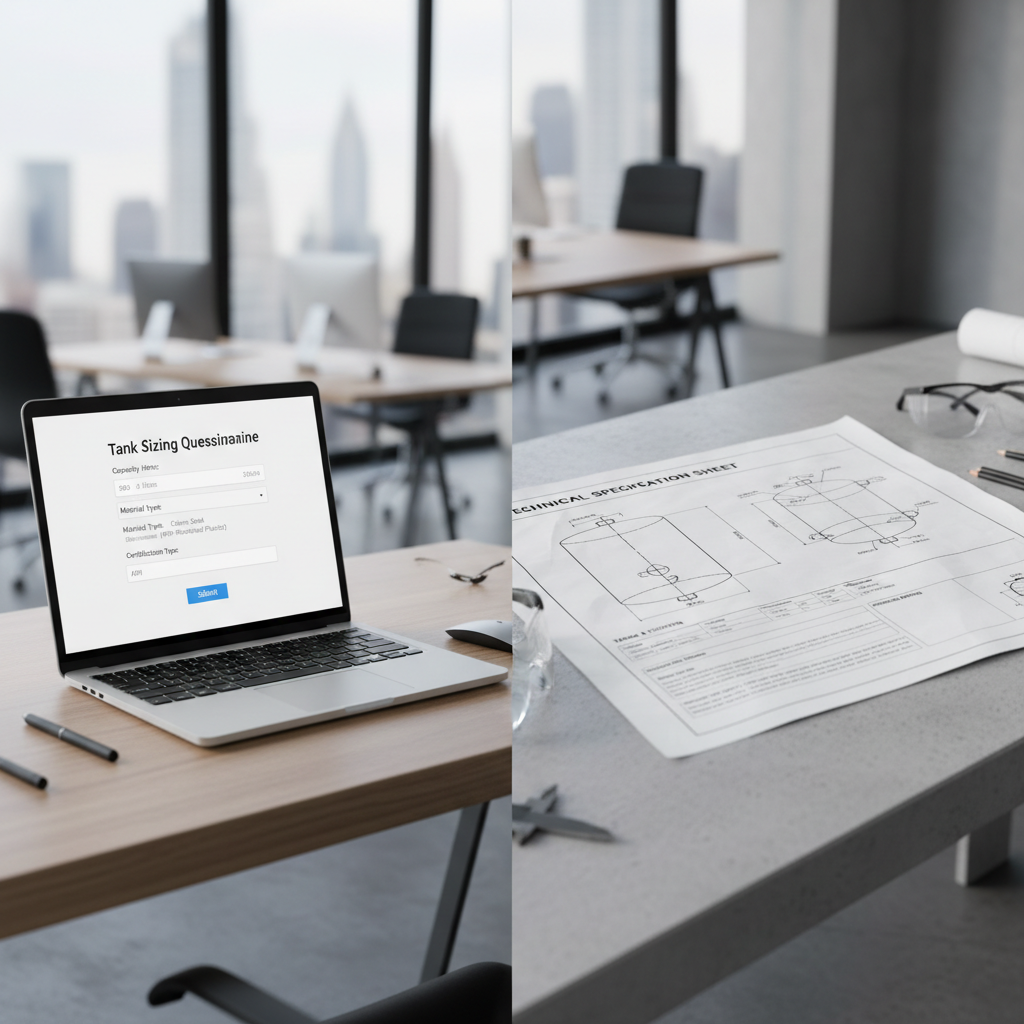 Split-screen showing tank sizing questionnaire form and printed specification sheet