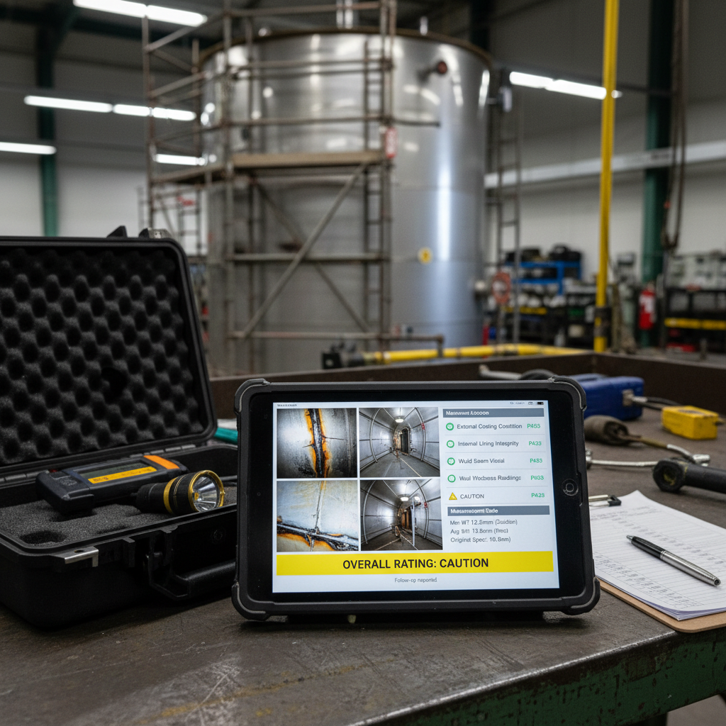 Detailed tank inspection report on tablet with checklist, readings, and inspection toolkit