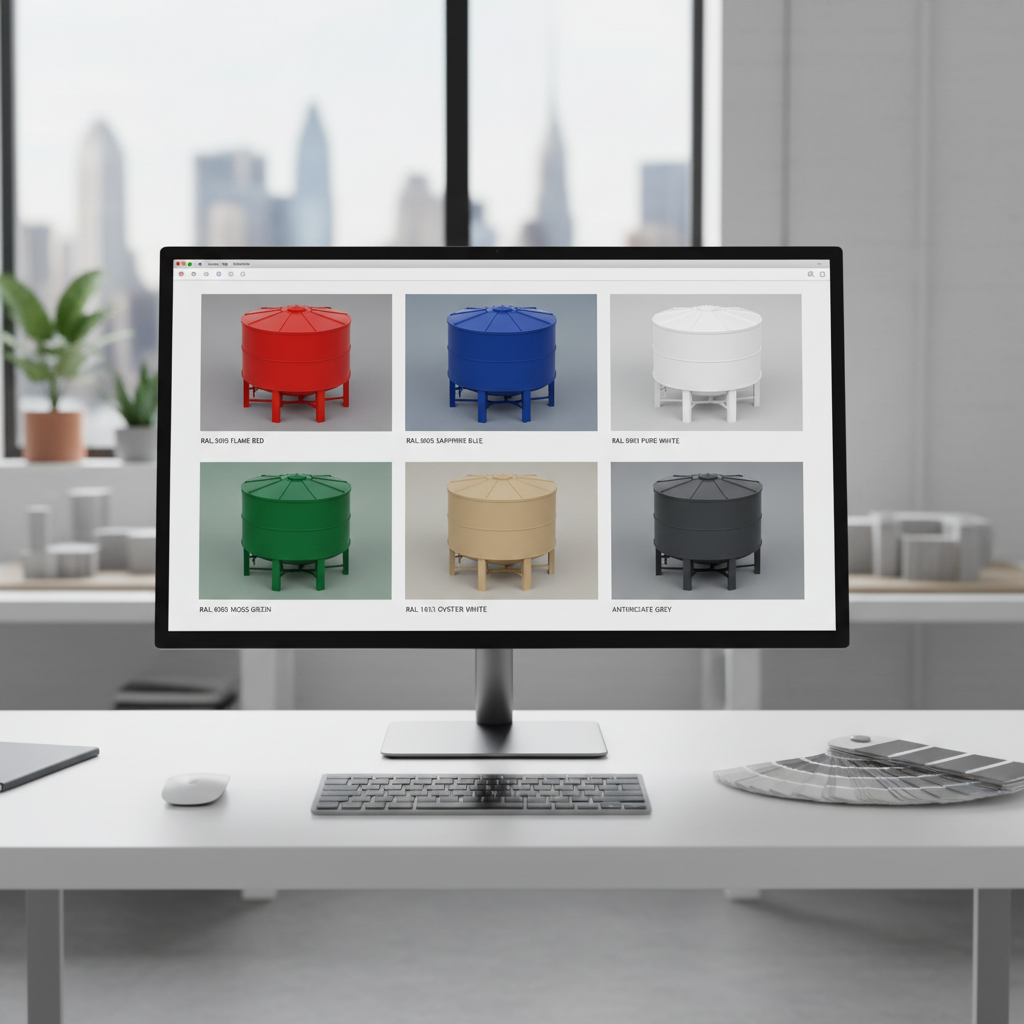 3D tank rendered in six different powder coat colors with RAL codes