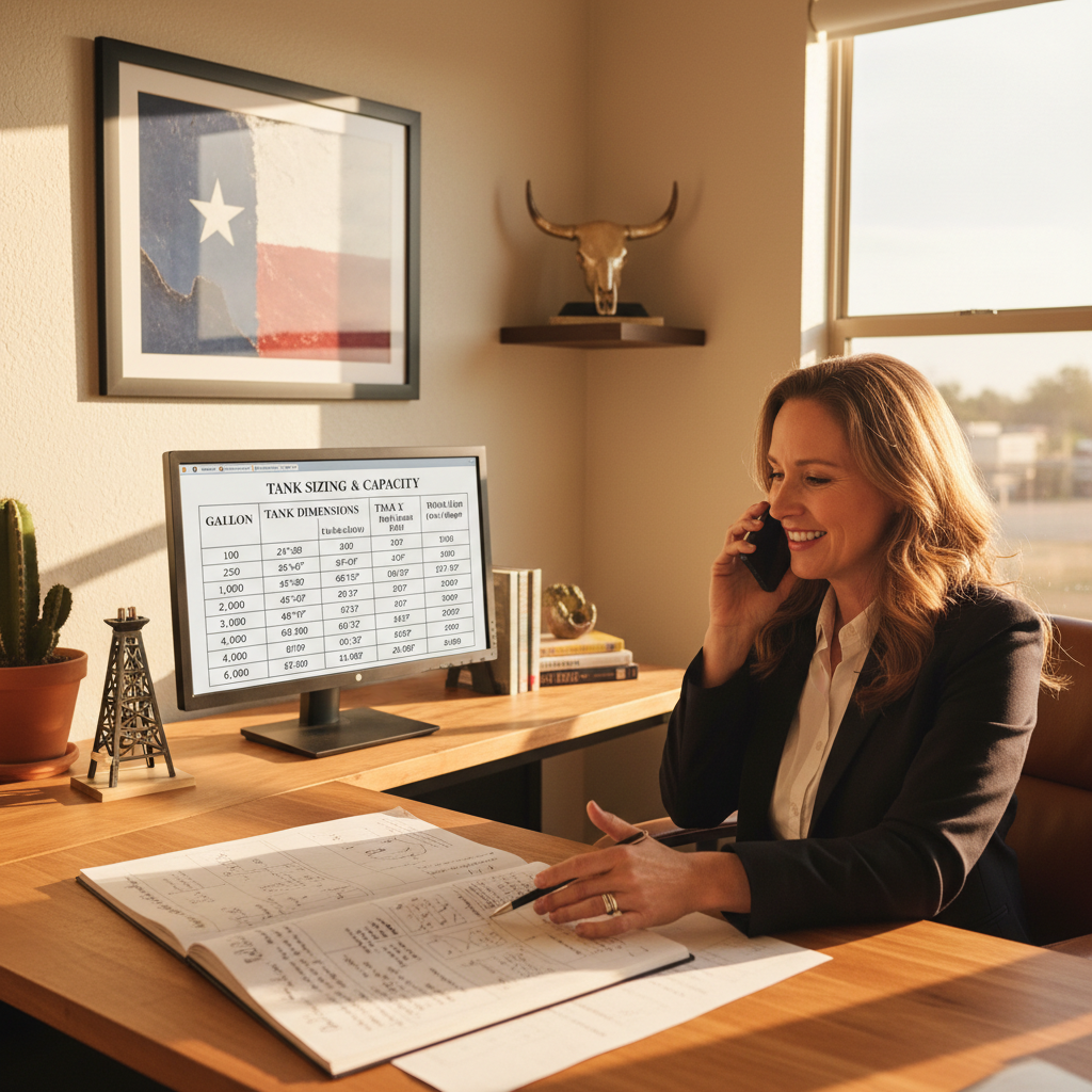 Consultant on phone call with tank sizing chart on screen
