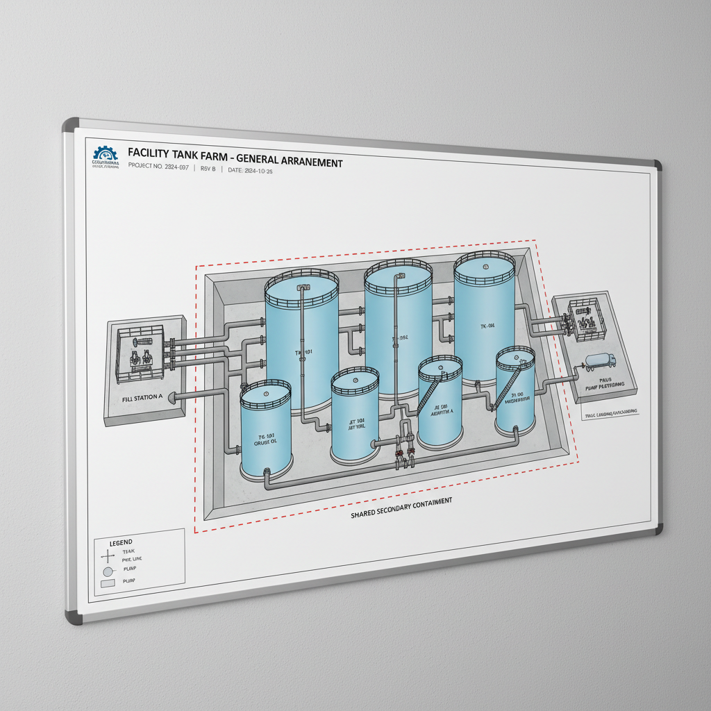 Engineering diagram of full facility tank farm layout with interconnected piping and containment zones