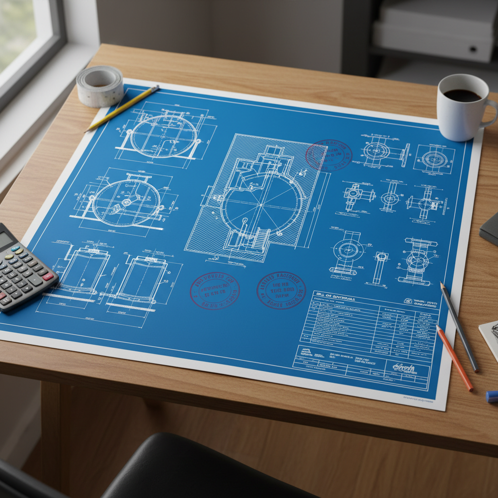 Printed engineering blueprint with tank elevation views, nozzle details, and bill of materials