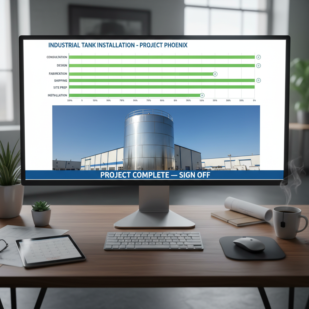 Project management Gantt chart dashboard showing all tank project phases with progress indicators