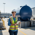 Professional project manager with tablet at completed above-ground storage tank installation site