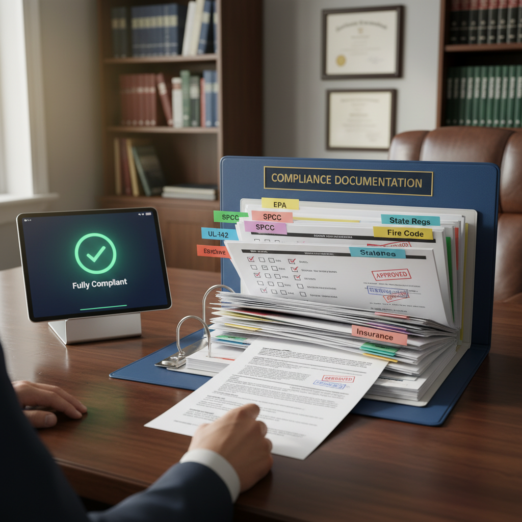 Compliance documentation binder with EPA, SPCC, UL-142, and Fire Code tabs and Fully Compliant dashboard