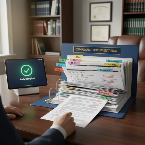 Compliance documentation binder with EPA, SPCC, UL-142, and Fire Code tabs and Fully Compliant dashboard