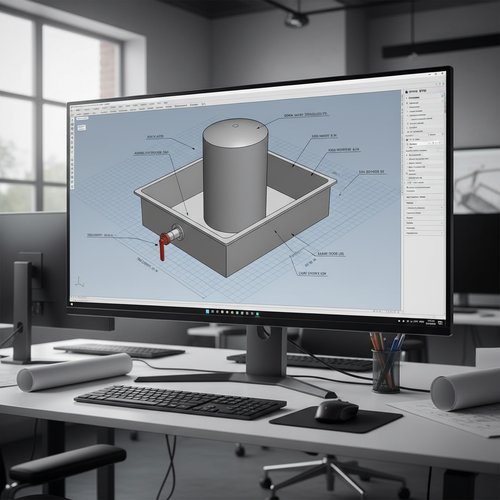 3D CAD rendering of custom containment pan with tank inside and engineering callouts