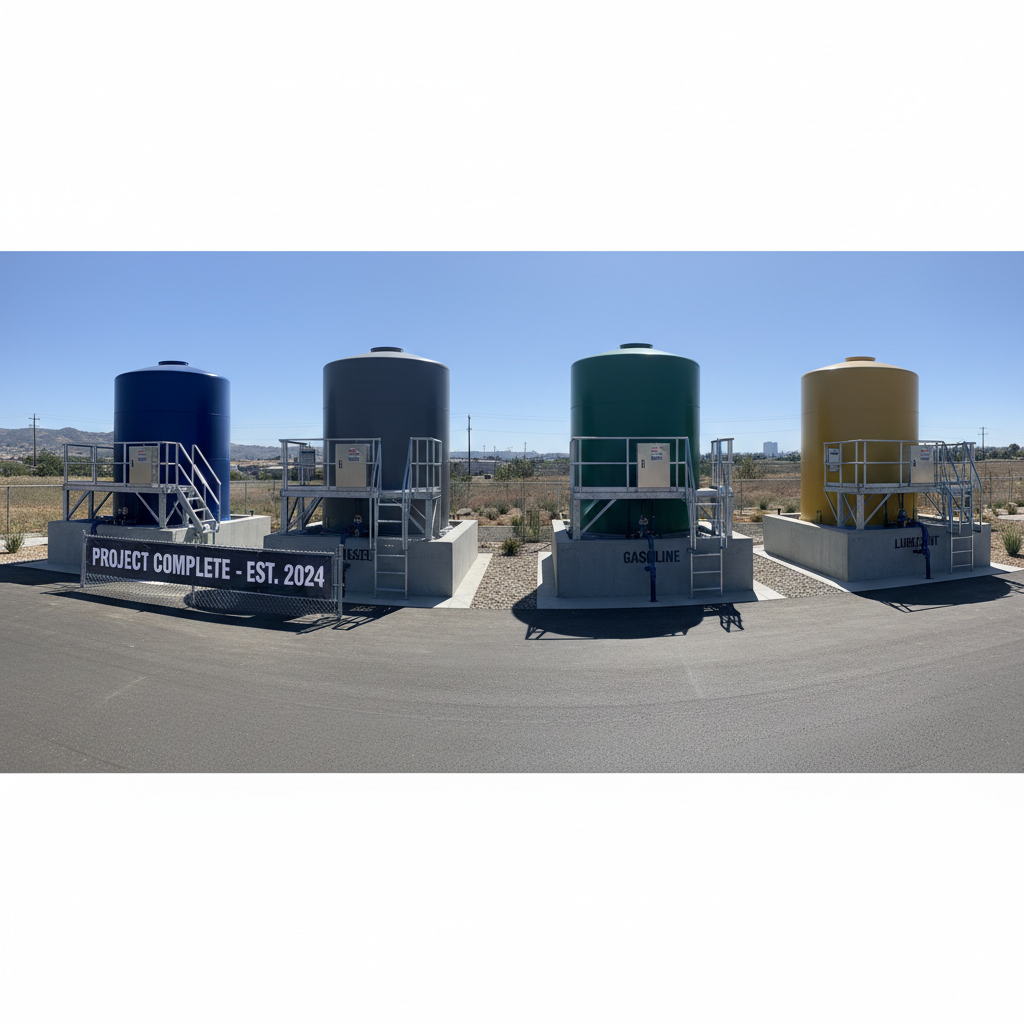 Completed multi-tank installation site with four powder-coated tanks on concrete pads with containment pans and pump platforms