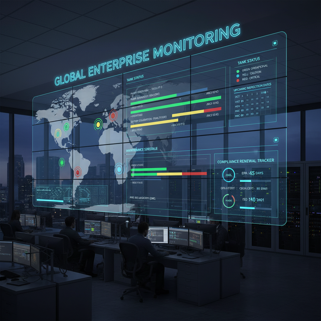 Enterprise dashboard showing multi-facility tank status map, inspection calendar, and compliance tracker