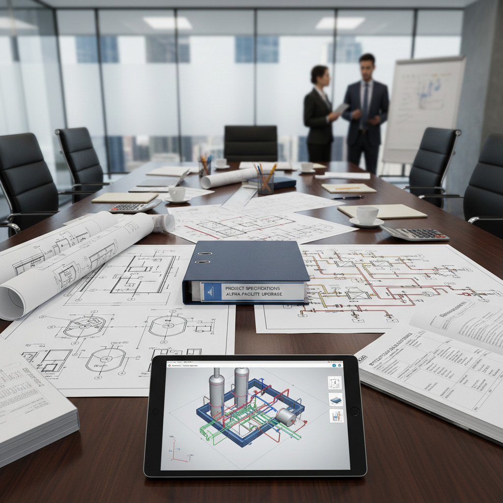 Complete engineering document set on conference table with system drawings, blueprints, and 3D facility model