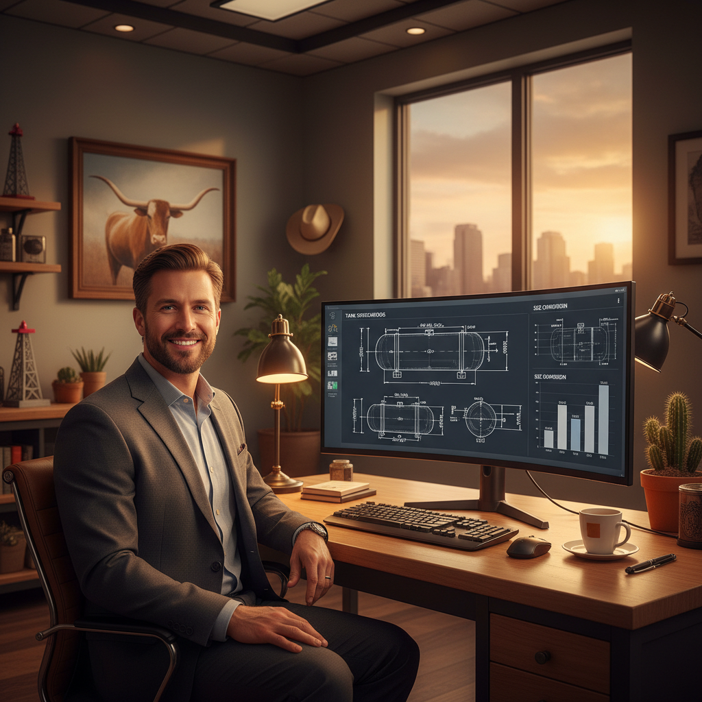 Professional consultant reviewing tank specification diagrams on monitor