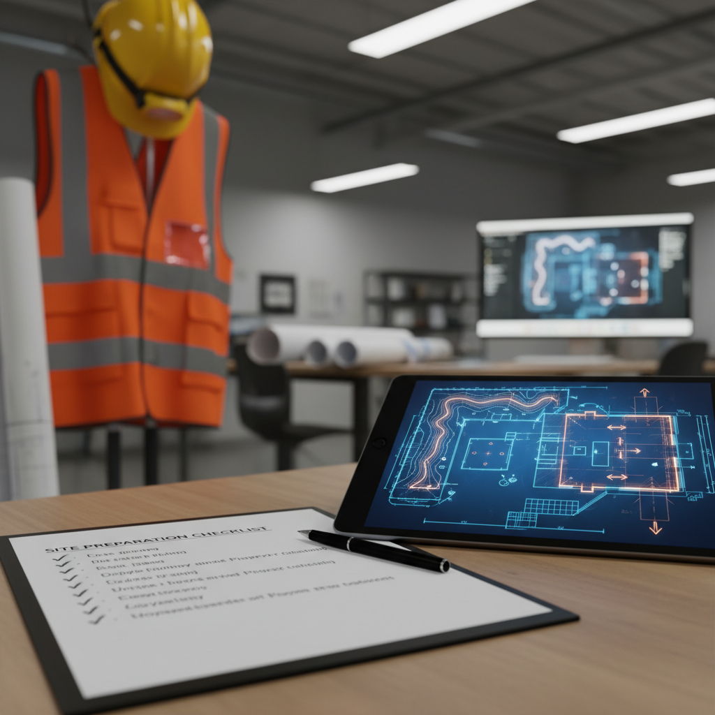 Site preparation checklist with grading diagram, hard hat, and safety vest
