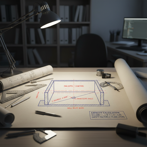 Cross-section engineering drawing of containment pan with measurements and drain slope