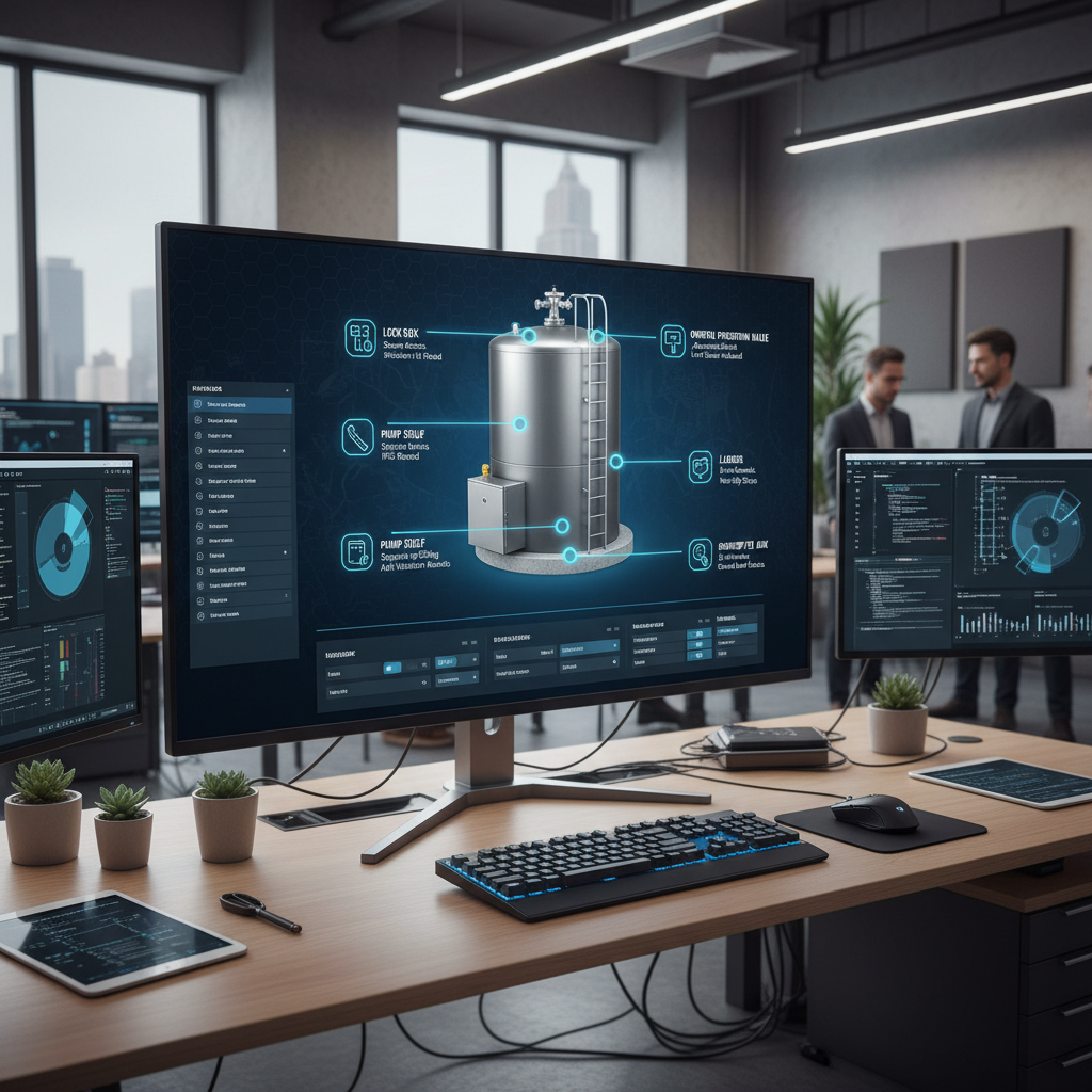 Tank configurator on monitor with interactive add-on markers