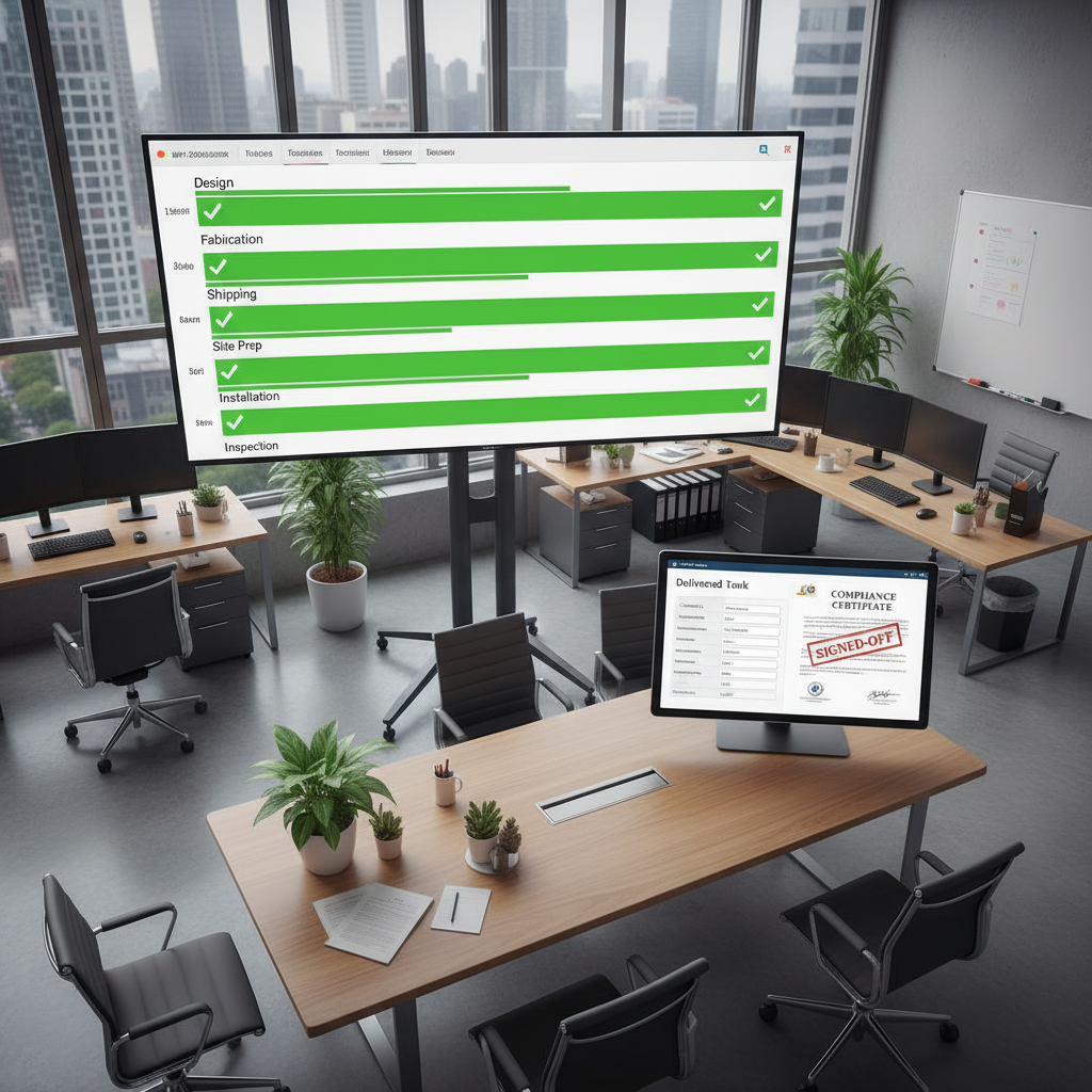 Project management dashboard showing Gantt chart with all phases complete and compliance certificate