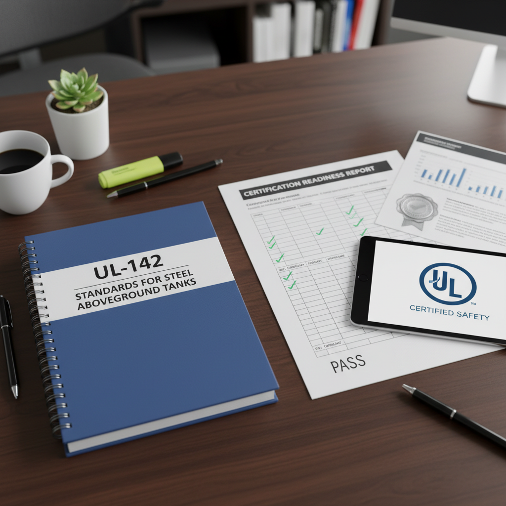UL-142 standards reference book and compliance checklist on desk