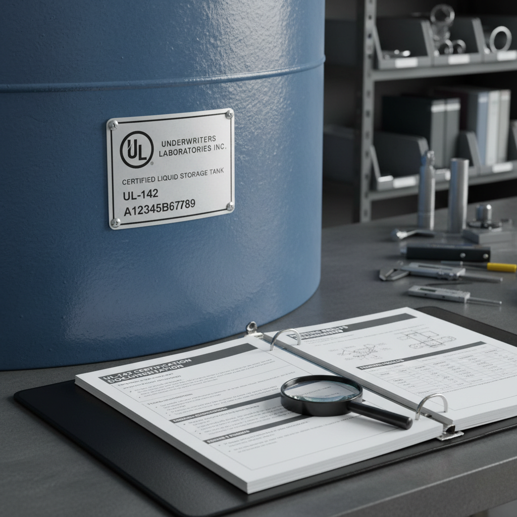 UL-142 certified tank label with certification binder open