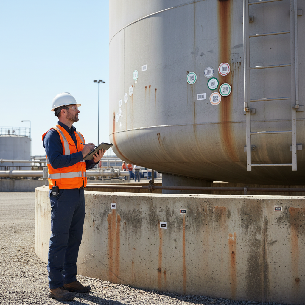 Tank inspector in safety gear examining above-ground storage tank on-site with tablet