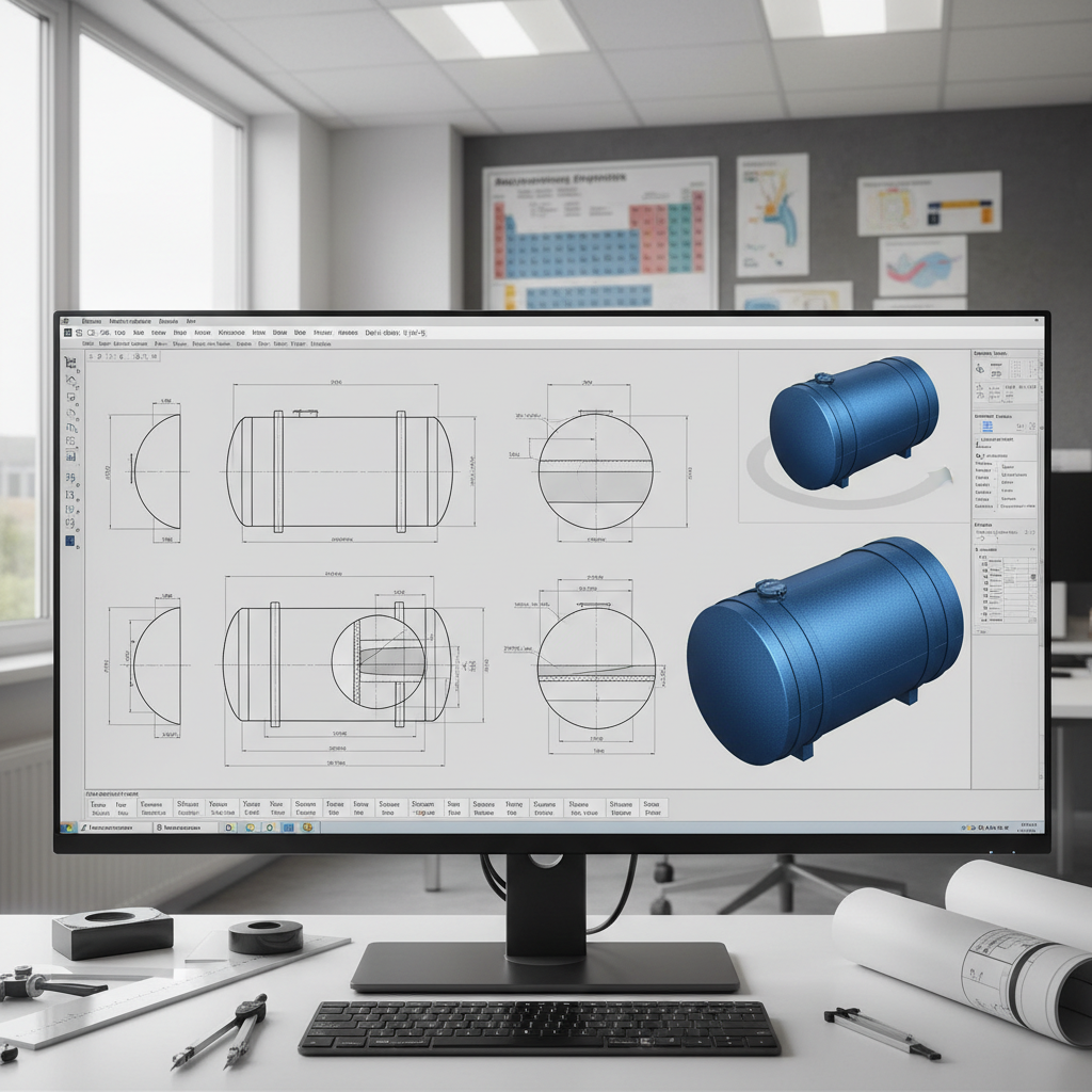 Detailed engineering CAD drawing of custom above-ground storage tank on professional monitor