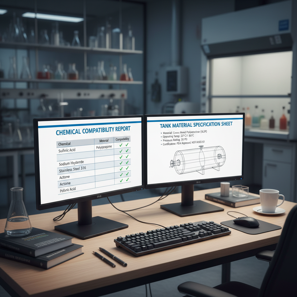 Split-screen Chemical Compatibility Report with tank material specification