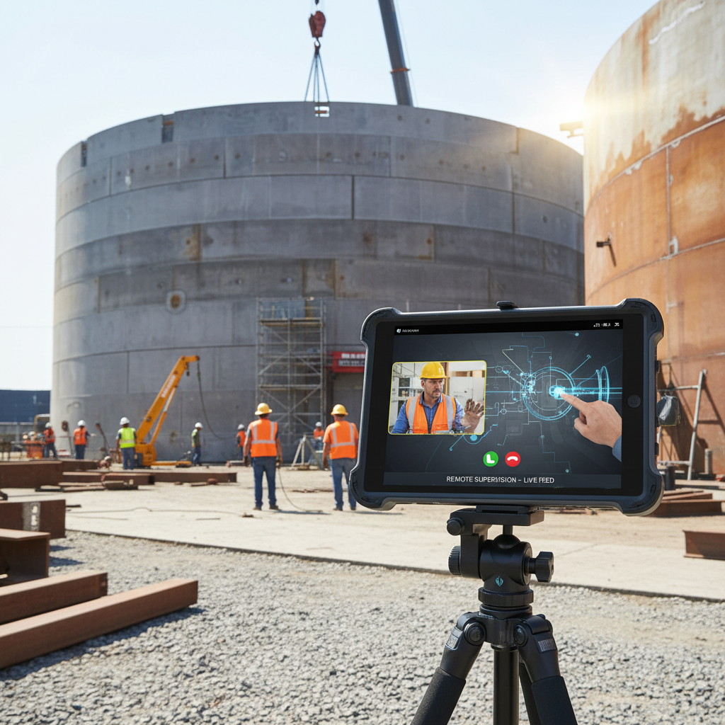 Tablet on tripod at installation site showing live video call with remote supervisor